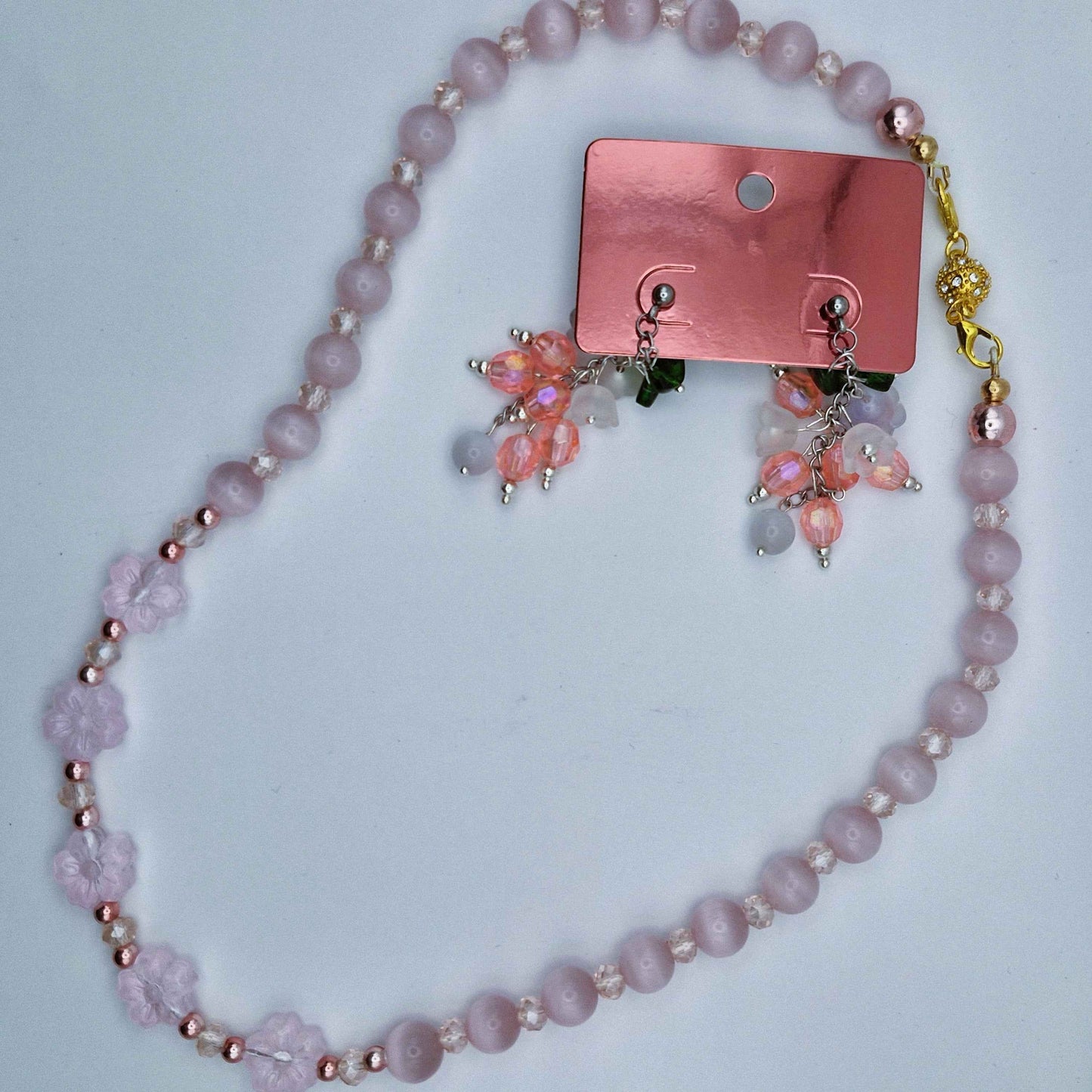 HEMPEYS Pinkki Korusetti - Kissansilmäseleniitti & Lasi Kaulakoru + Korvakorut