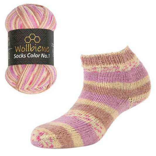 WollBiene ohut 4-säikeinen sukkalanka 100g/420m 41 pinkki-ruskea-keltainen