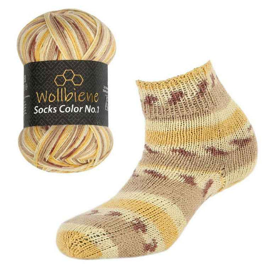 WollBiene ohut 4-säikeinen sukkalanka 100g/420m 44 ruskea-okra-keltainen