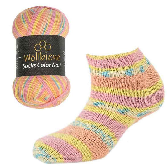 WollBiene ohut 4-säikeinen sukkalanka 100g/420m 45 pinkki-oranssi-keltainen