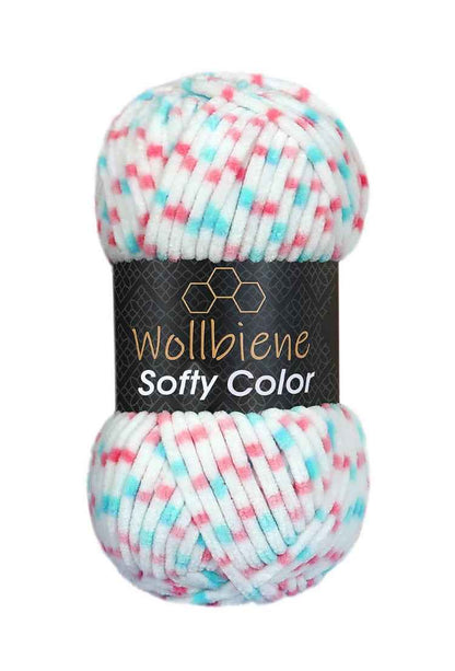 Wollbiene Softy Color Chenille Wool 100g valkoinen / pinkki / minttu 117